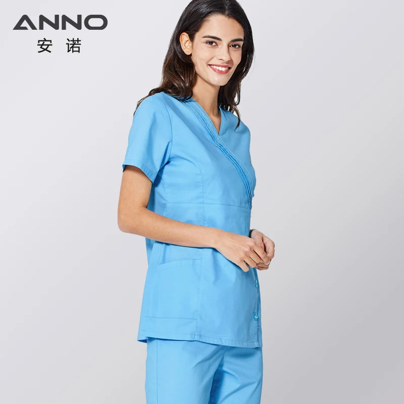 ANNO Nurse Suit Blue Medical Uniform Set With Spandex Stretchable Doctor Suit for Women Hospital Dental Cloths Surgical Dress