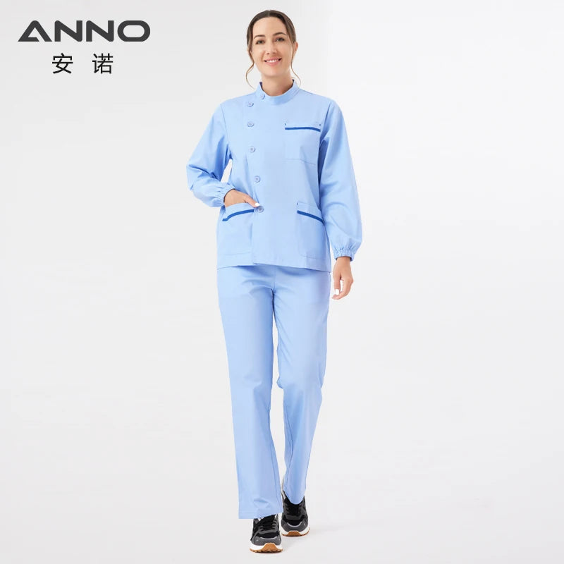 ANNO Standing Collar Paramedic Dental Coveralls Long Sleeves Medical Scrubs Set Nurse Tunic Hospital Nursing Staff Uniforms Light Blue-Set
