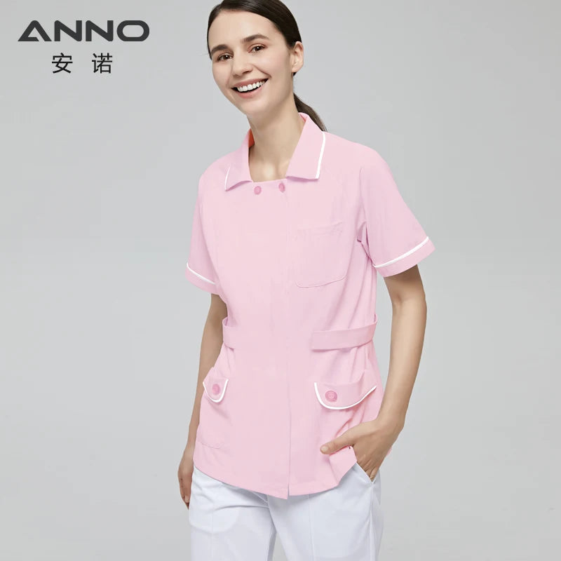 ANNO Pink White Nurse Uniform Set Antibacterial Anti-static Nursing Tunic Slim Fi Caregiver Coveralls Hospital Staff Suits