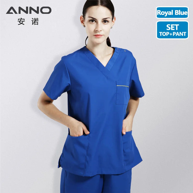 ANNO Scrubs Set Work Wear Hospital Classic Form Foctor Woman Man Nursing Uniform Dental Clothing A08-Set