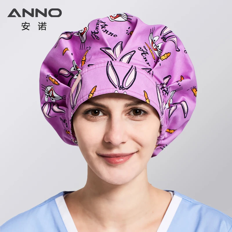 ANNO Cotton Caps Women Hospital Doctor Nurse Work Hats Bouffant Nursing Cap with Sweatband Long Hair Head Wear Chlorine Bleach 01A-B35
