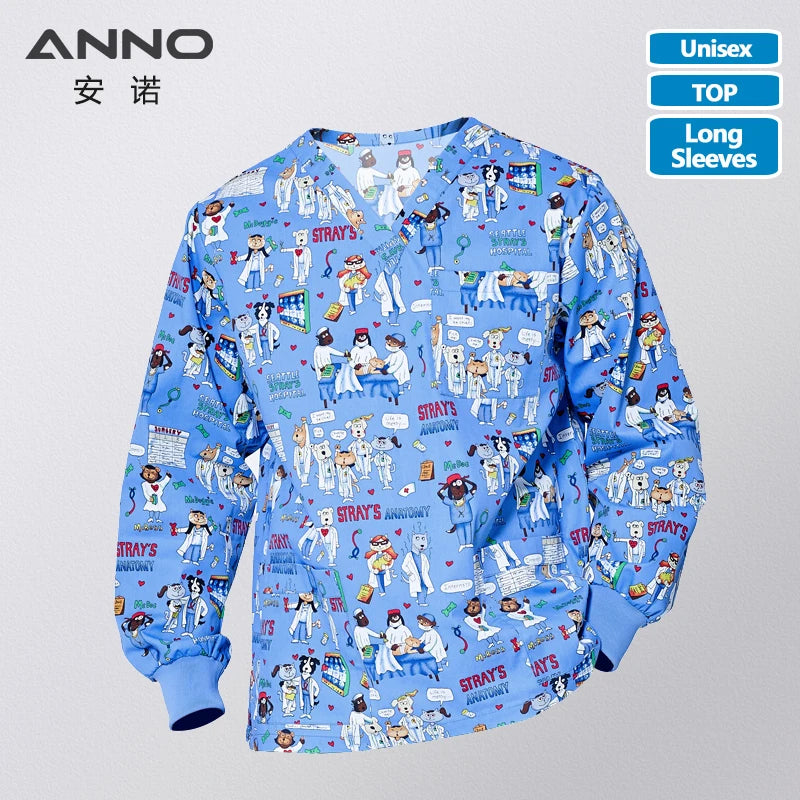 ANNO Hospital Autumn Winter Scrubs Tops Trousers Sets Optiona Long Sleeves Nursing Uniform Dental Clinic Supplies Nurse Clothing MaoGouYiSheng-L-Top-1