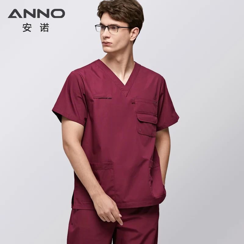 ANNO Multiple Pockets Scrubs Set Work Uniform Hospital Classic Form Foctor Woman Man Nursing Wear Dental Clothing A05-Red-Set