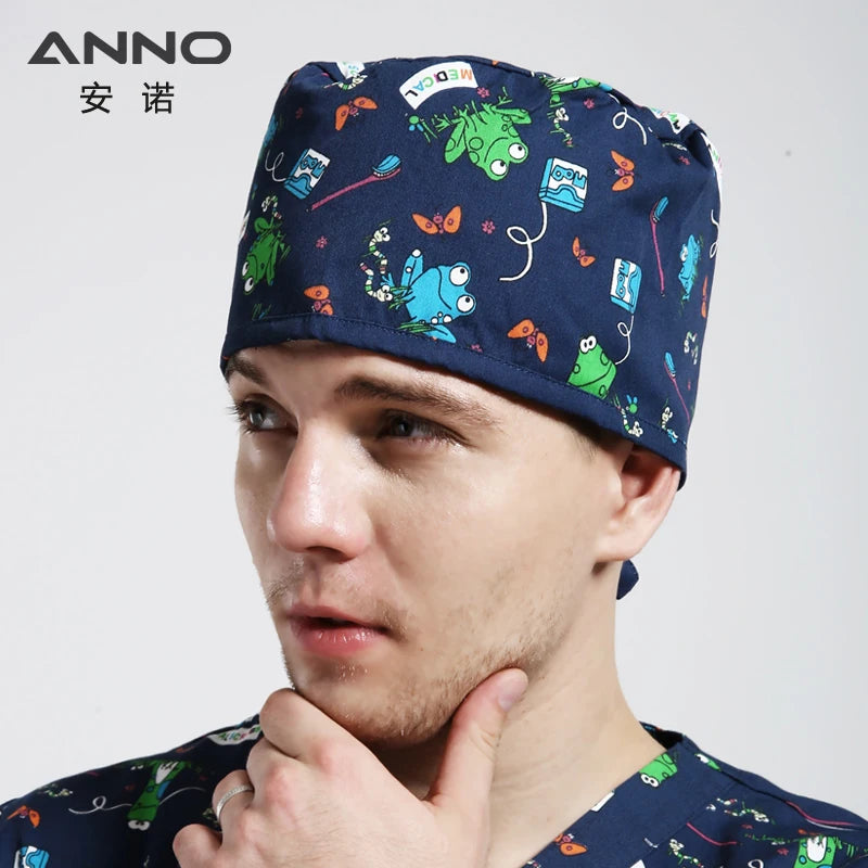 ANNO Disposable Cotton Caps Women Man Hat Clinic Hospital Doctor Nurse Work Hat Bouffant Printing Nursing Cap with Sweatband 01C-B27