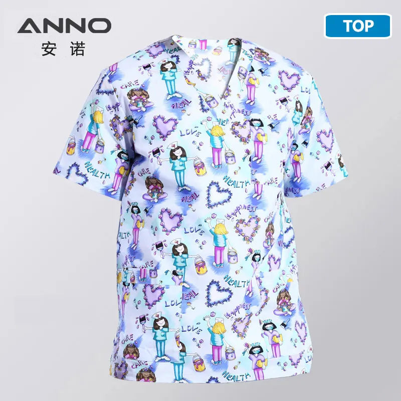 ANNO Hospital Staff Scrubs Top Medical Sanitary Nursing Uniform Dental Clinic Print Beauty Caregiver Coveralls B03