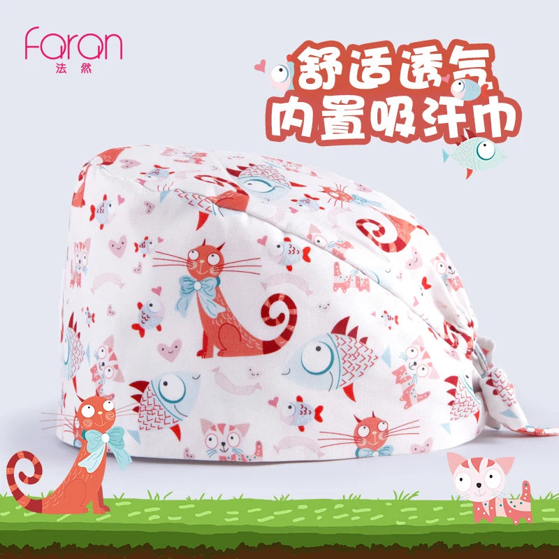 Faran Cotton Scrub Caps Women Men Dentist Hospital Doctor Work Surgical Hats Nursing Head Dress for Men Animal Carton Print FRH01-X048