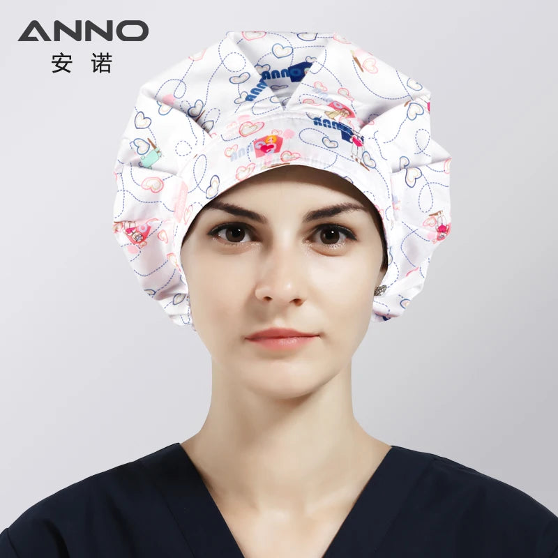 ANNO Cotton Caps Women Hospital Doctor Nurse Work Hats Bouffant Nursing Cap with Sweatband Long Hair Head Wear Chlorine Bleach 01A-B111