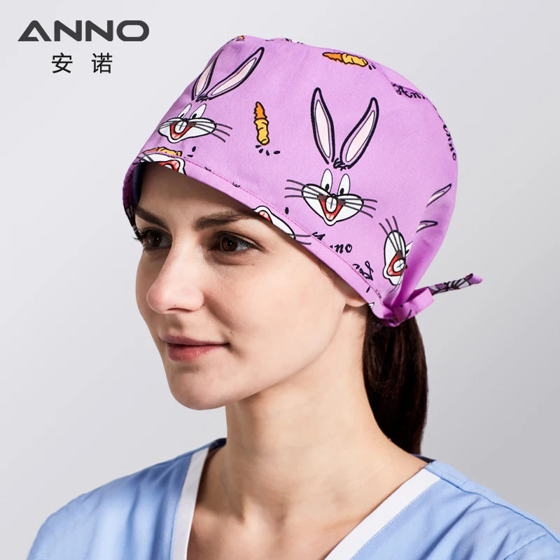 ANNO Disposable Cotton Caps Women Man Hat Clinic Hospital Doctor Nurse Work Hat Bouffant Printing Nursing Cap with Sweatband 01C-B35