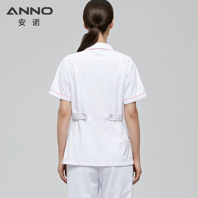 ANNO Pink White Nurse Uniform Set Antibacterial Anti-static Nursing Tunic Slim Fi Caregiver Coveralls Hospital Staff Suits