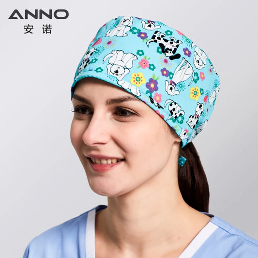 ANNO Disposable Cotton Caps Women Man Hat Clinic Hospital Doctor Nurse Work Hat Bouffant Printing Nursing Cap with Sweatband 01C-B02