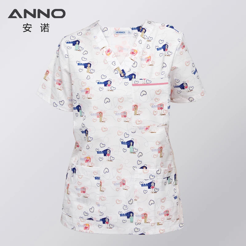 ANNO Hospital Medical Scrubs Set Nursing Uniform for Uisex Dental Clinic Nurse Scrubs SPA Uniforms with Short or Long Sleeves KeAiDeNi-Top-Short