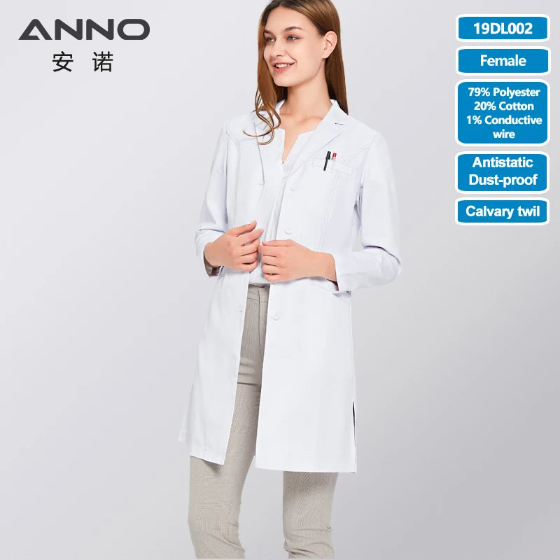 White Doctor Coats 99%Polyester 1%Conductive wire Antibacterial Anti-static Lab Uniforms Hospital Pharmacy Chemistry Gown 19DL002-Female