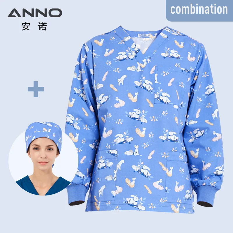 ANNO Hospital Autumn Winter Scrubs Tops Trousers Sets Optiona Long Sleeves Nursing Uniform Dental Clinic Supplies Nurse Clothing MaoHeTuZi-L-Top-1