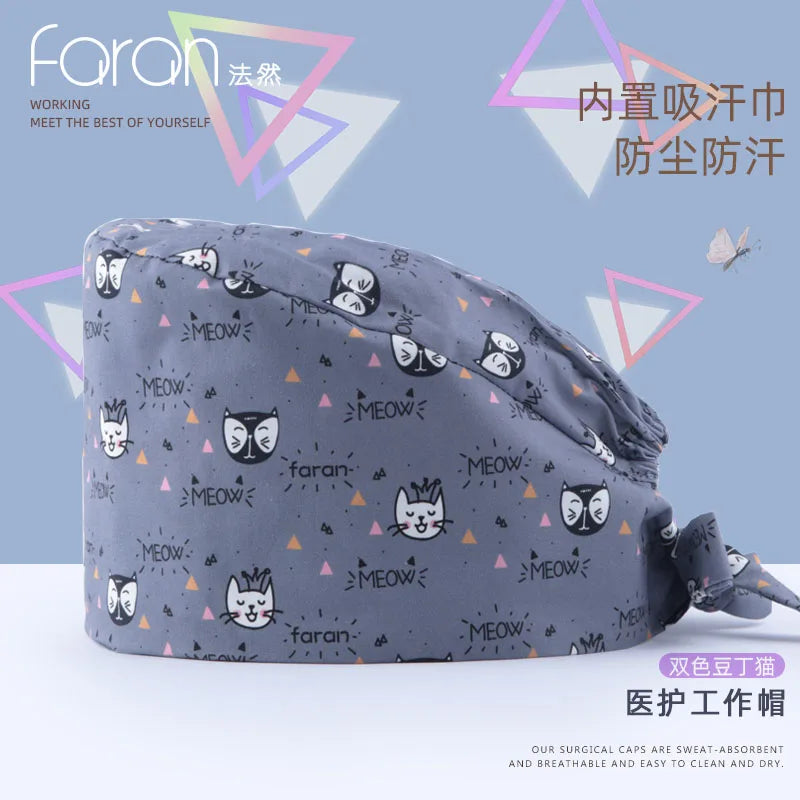 Faran Cotton Scrub Caps Women Men Dentist Hospital Doctor Work Surgical Hats Nursing Head Dress for Men Animal Carton Print FRH01-X097