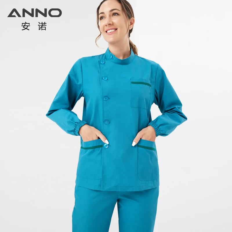 ANNO Standing Collar Paramedic Dental Coveralls Long Sleeves Medical Scrubs Set Nurse Tunic Hospital Nursing Staff Uniforms