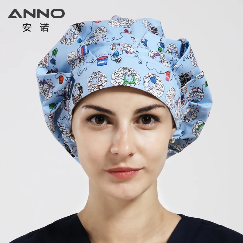 ANNO Cotton Caps Women Hospital Doctor Nurse Work Hats Bouffant Nursing Cap with Sweatband Long Hair Head Wear Chlorine Bleach 01A-B28