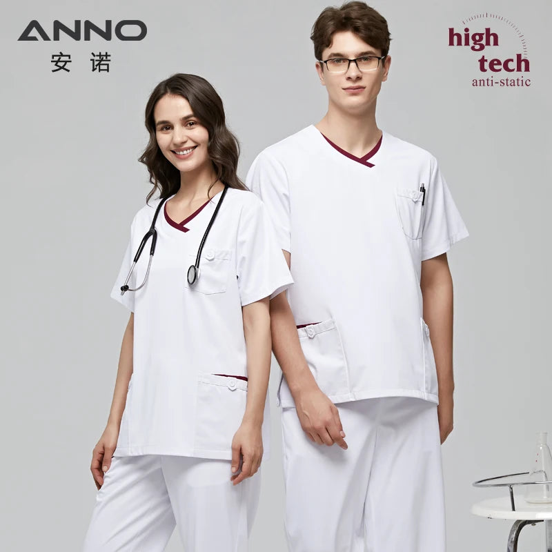 ANNO White Scrubs Set Anti-Static Professional Medical Clothes Nurse Staff Uniforms with 1% Conductive Wire Hospital Work Suit A31-Set