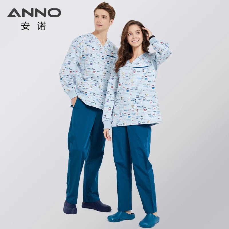 ANNO Hospital Medical Scrubs Set Nursing Uniform for Uisex Dental Clinic Nurse Scrubs SPA Uniforms with Short or Long Sleeves