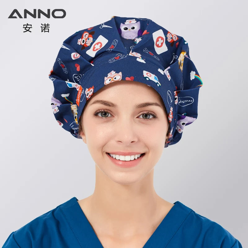 ANNO Cotton Caps Women Hospital Doctor Nurse Work Hats Bouffant Nursing Cap with Sweatband Long Hair Head Wear Chlorine Bleach 01A-B103