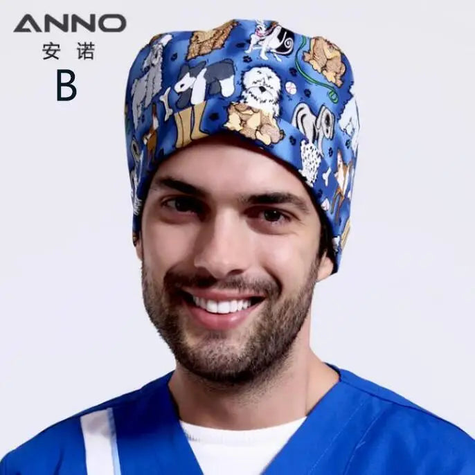 ANNO Cotton Scrub Caps Women Hospital Doctor Nurse Work Hats Nursing Cap Short or Long Hair Head Wear Animal Carton Print 01B-B04