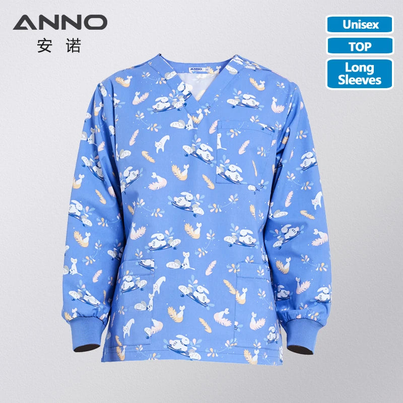 ANNO Hospital Autumn Winter Medical Scrubs Tops Long Sleeves Print Nursing Uniform Nurse Tunic Clothes Out Wear Coat MaoHeTuZi-L