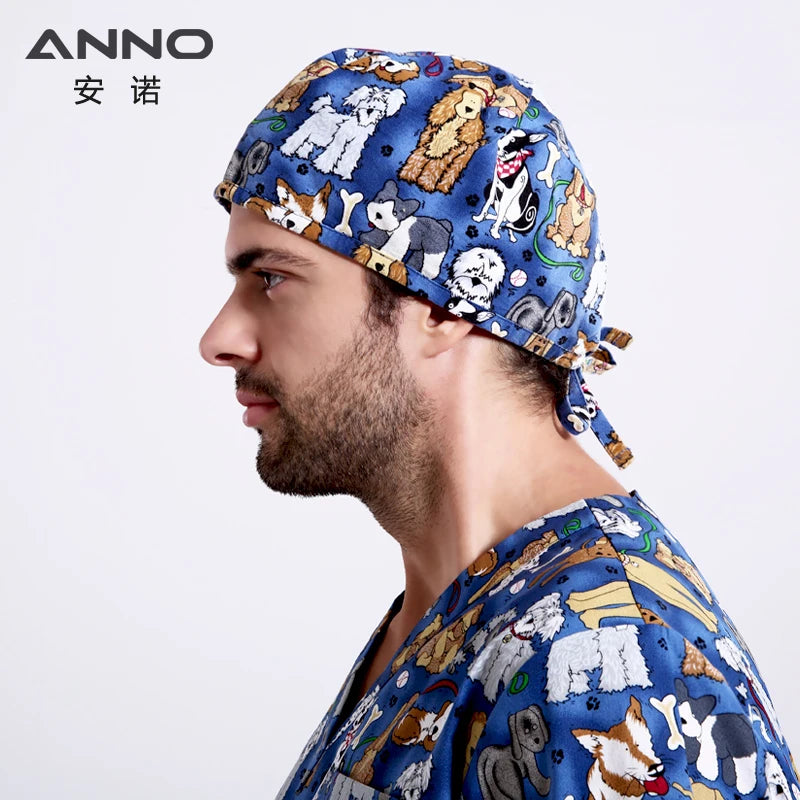 ANNO Disposable Cotton Caps Women Man Hat Clinic Hospital Doctor Nurse Work Hat Bouffant Printing Nursing Cap with Sweatband 01C-B04