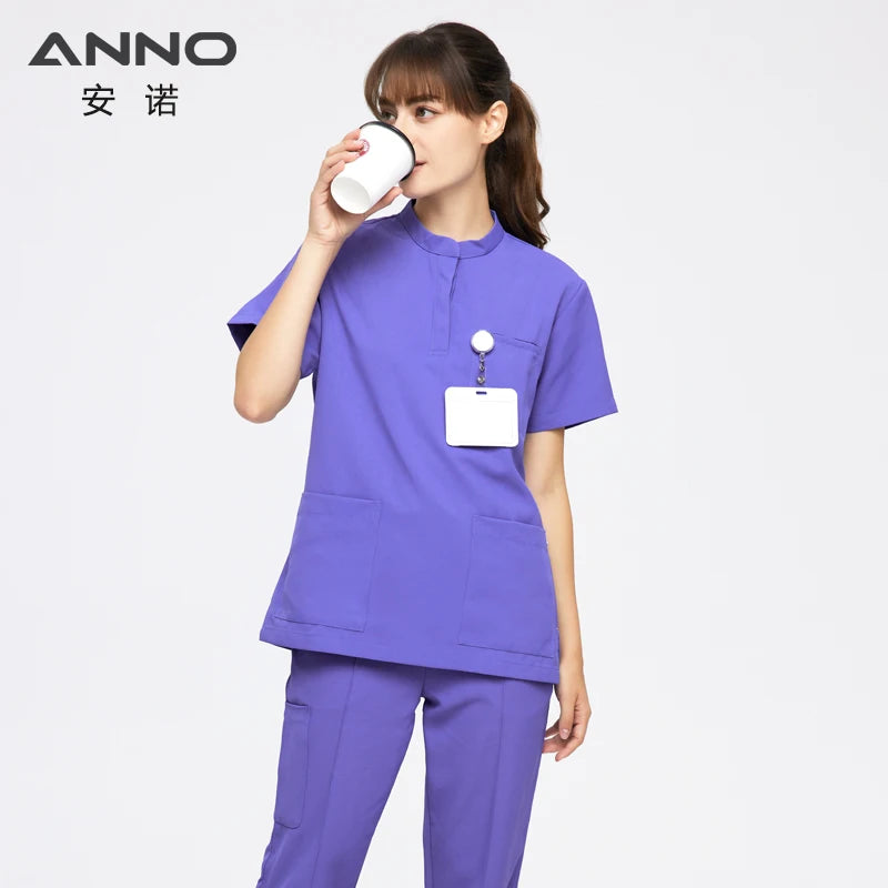 ANNO Cool Fabric Medical Scrubs Set Summer Nurse Uniform Hospital Sanitary Doctor Suit Antibacteria Antistatic Wrinkle Free CP03- Vary peri-Set