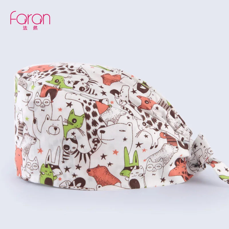 Faran Cotton Scrub Caps Women Men Dentist Hospital Doctor Work Surgical Hats Nursing Head Dress for Men Animal Carton Print FRH01-X062