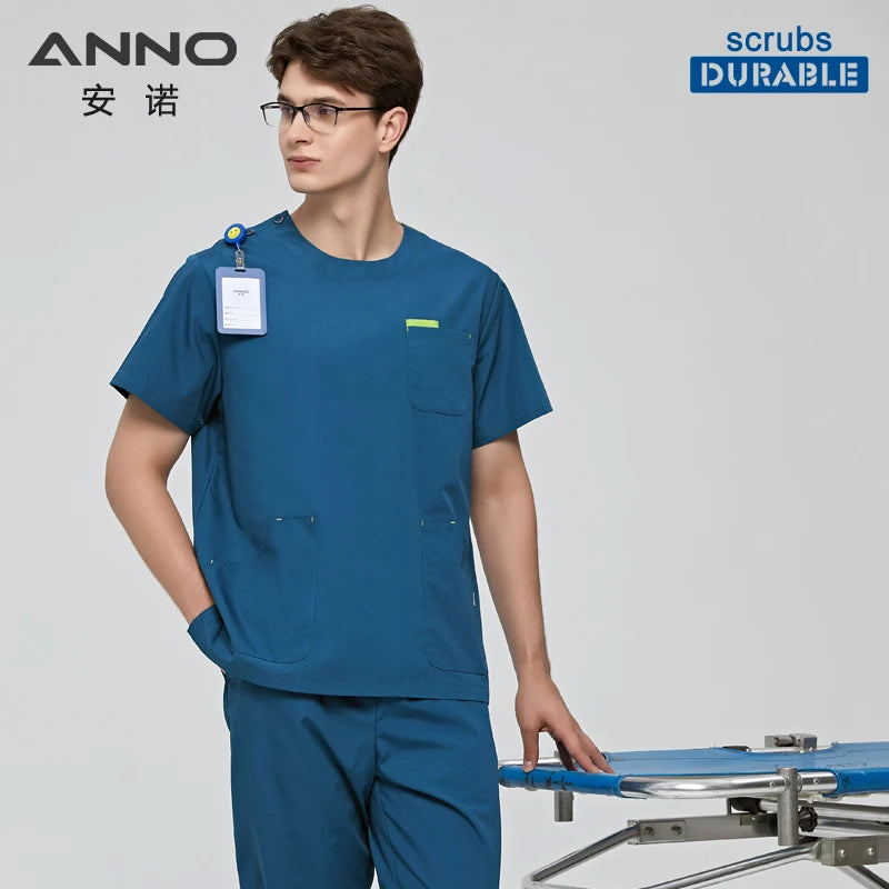 ANNO Blue Nurse Uniform Women Men Scrubs Suit Round Neck Dental Hospital Set Work Wear Short Sleeves Beauty Salon Clothing A11-Lake Blue-Set