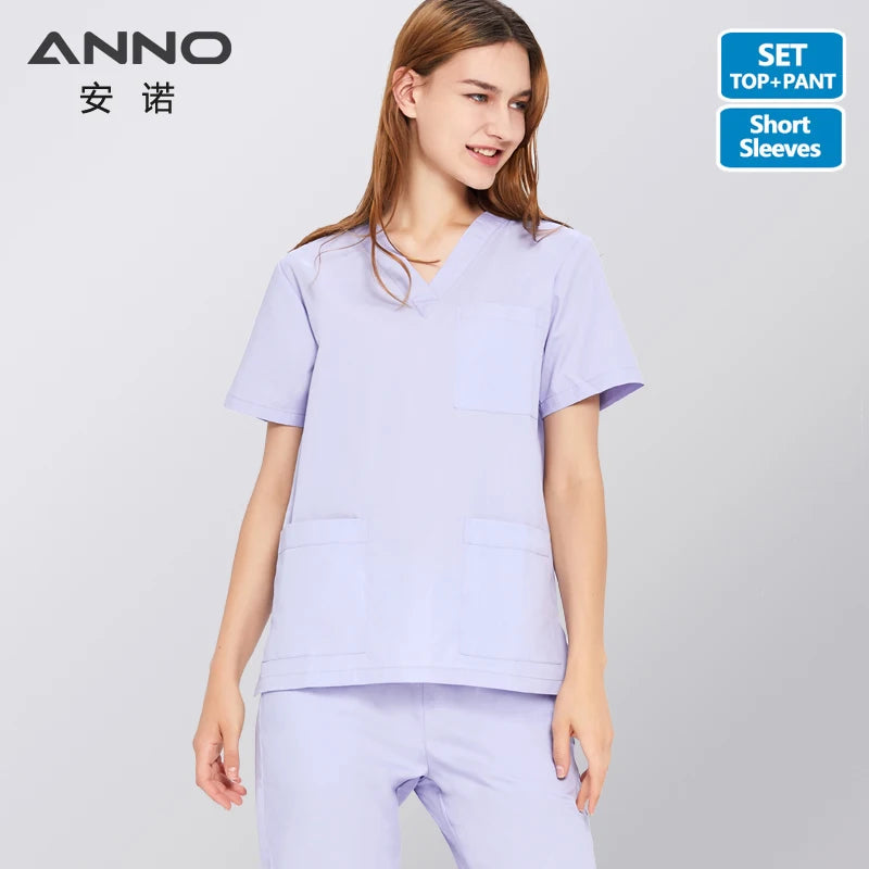 ANNO Solid Color Scrubs Set Work Cloths with Short/Long Sleeves Nursing Uniform Tops Trousers Nurse Suit Hospital Dress 09SS001-DanZi-Set