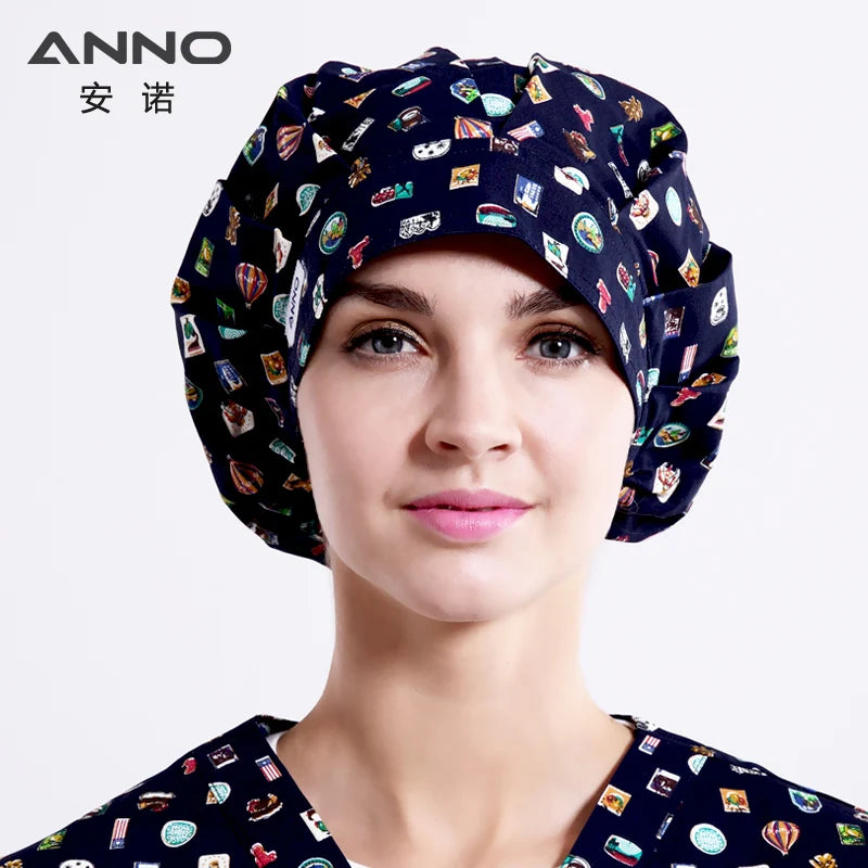 ANNO Cotton Caps Women Hospital Doctor Nurse Work Hats Bouffant Nursing Cap with Sweatband Long Hair Head Wear Chlorine Bleach 01A-B07