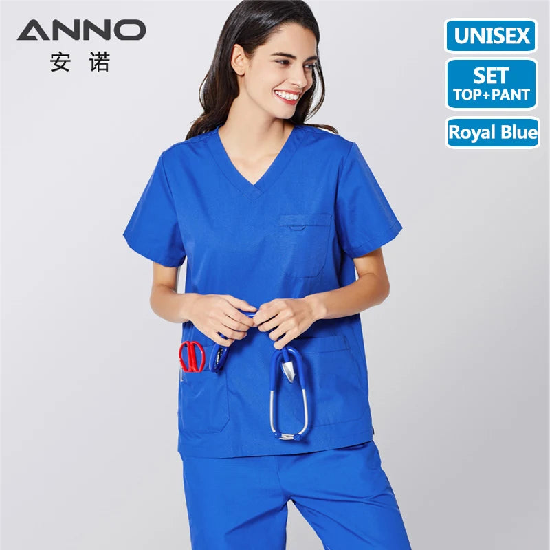 ANNO Scrubs Set with Short Sleeves Unisex Nursing Scrub Suit Women Men Nurse Uniform Clothing Clinic Uniforms Hospital Grown BaoLan-Set