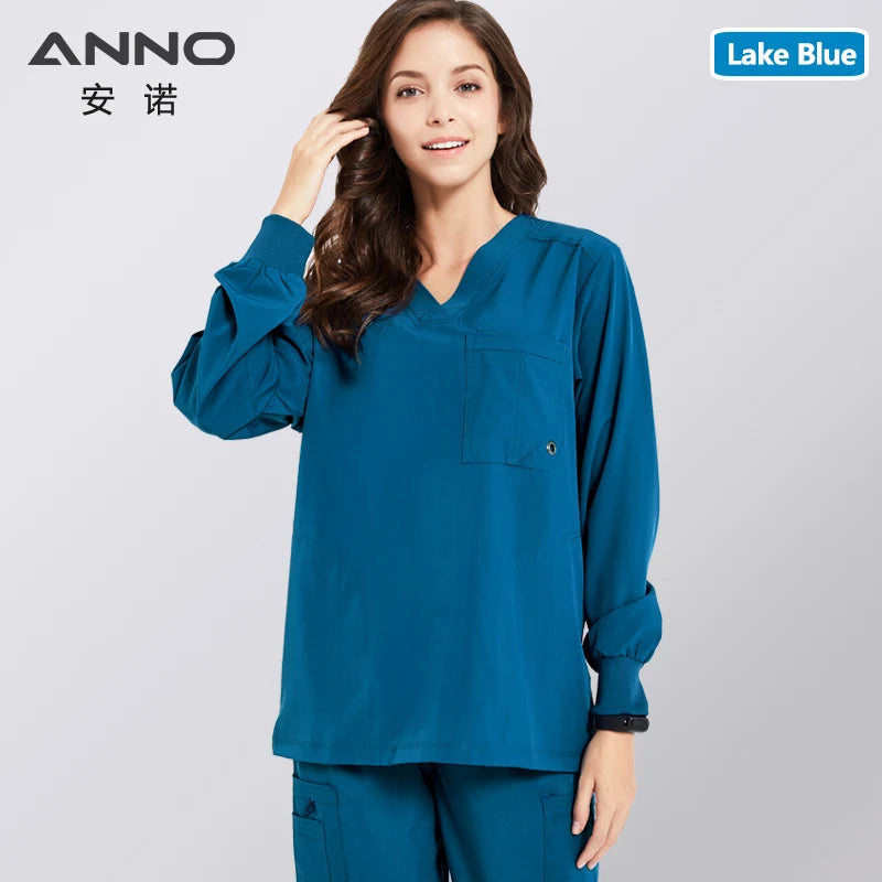 ANNO Nurse Uniform Non Stick Hair Fabric Pet Hospital Clothes Scrubs Set Work Doctor Suit Stretch Elasticity Cool Material QinLan-Set-Long