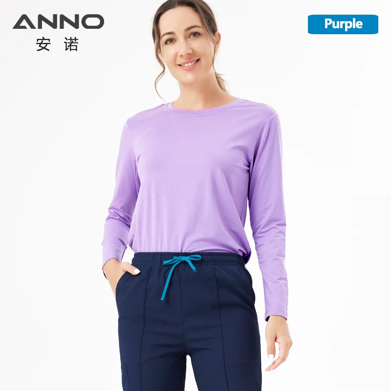ANNO Keep Warm Under Shirt Long Sleeves Cotton Hospital Scrubs Accessories Equipment Unisex Body O Neck Inside Bottoming Cloths Purple(ZiSe)
