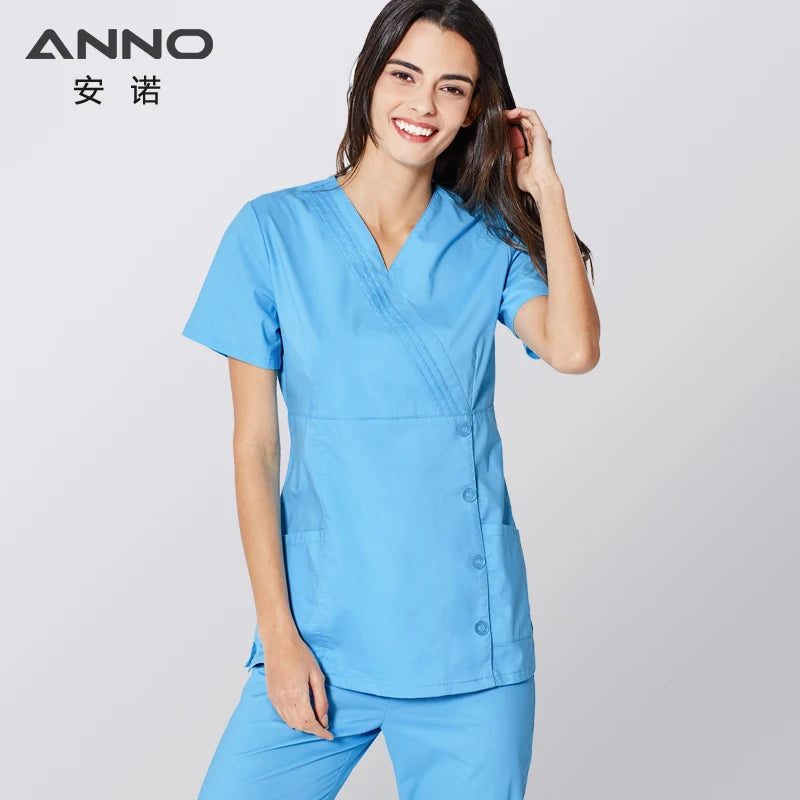 ANNO Nurse Suit Blue Medical Uniform Set With Spandex Stretchable Doctor Suit for Women Hospital Dental Cloths Surgical Dress