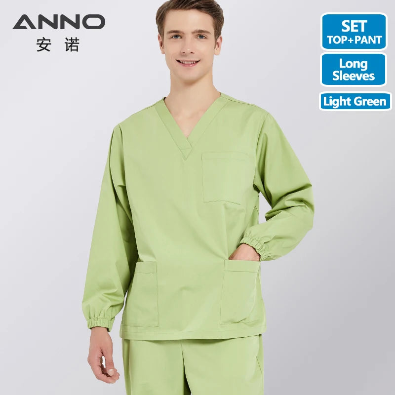 ANNO Solid Color Scrubs Set Work Cloths with Short/Long Sleeves Nursing Uniform Tops Trousers Nurse Suit Hospital Dress 09SS001-L-GuoLv-Set