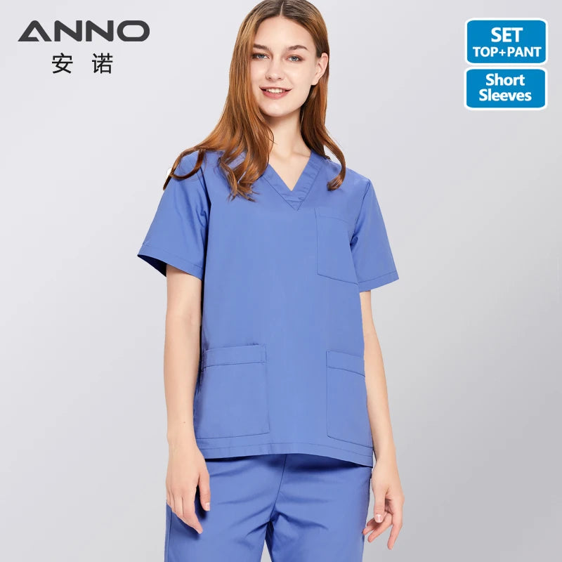 ANNO Solid Color Scrubs Set Work Cloths with Short/Long Sleeves Nursing Uniform Tops Trousers Nurse Suit Hospital Dress 09SS001-KaoLan-Set
