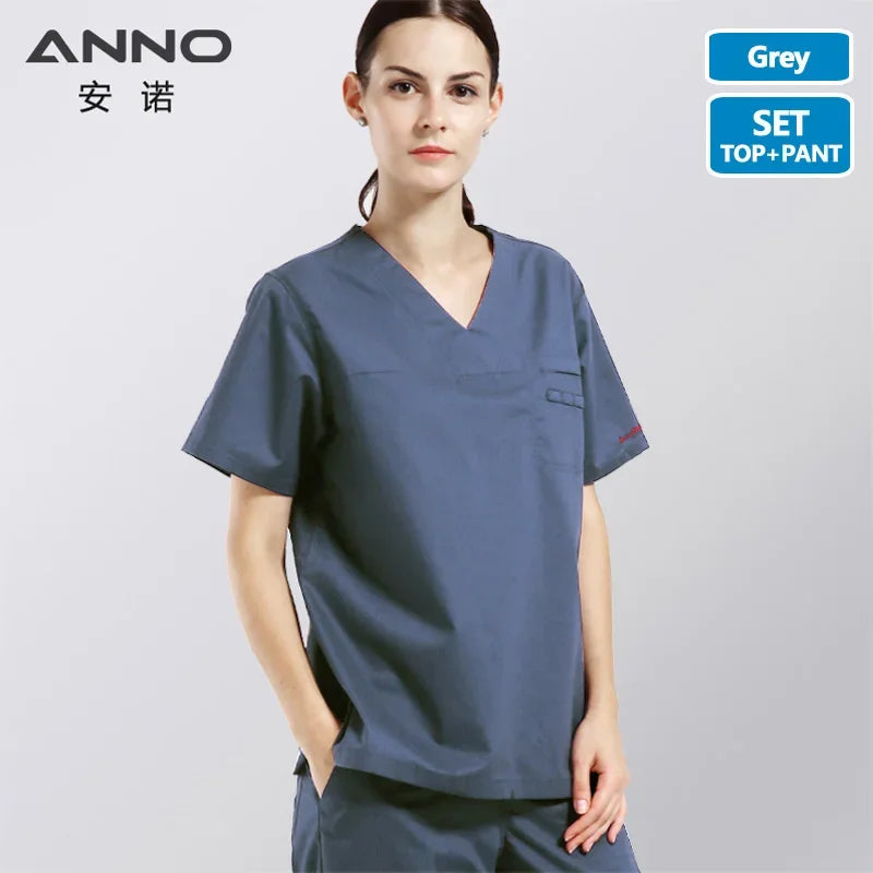 ANNO Cotton Scrubs Set Nursing Uniforms for Unisex Elastic Clothing Height Quality Nurse Uniform Hospital Staff Suit T03-Set