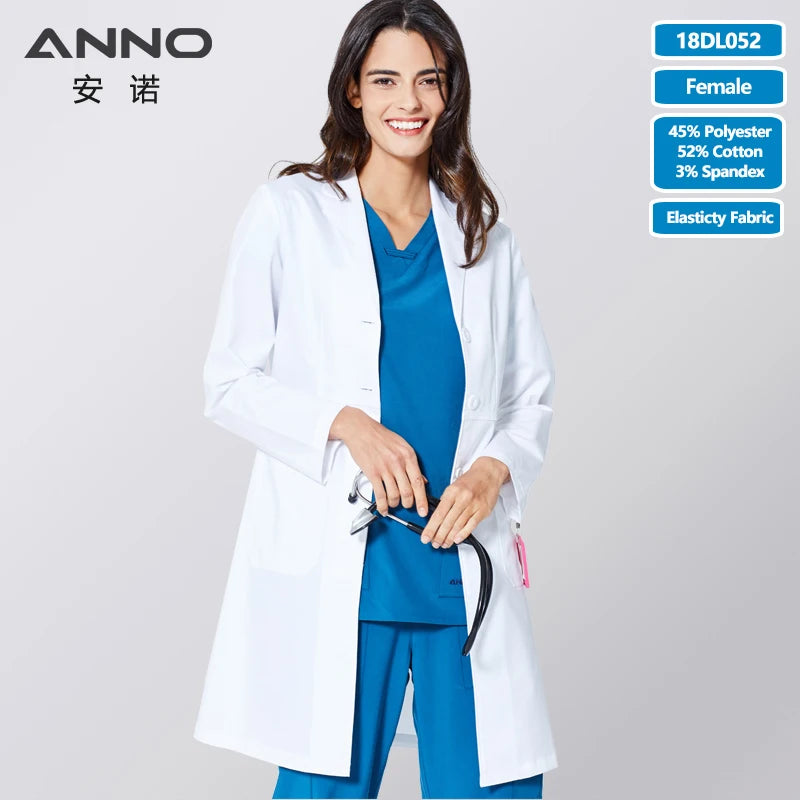 ANNO Long Sleeve Lab Uniforms With Spandex Elastic Work Out Wear Pharmacy Coat Chemistry Male Female White Doctor Gown 18DL052-Female