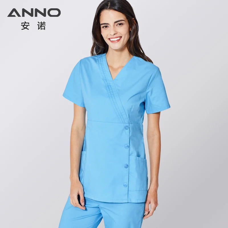 ANNO Nurse Suit Blue Medical Uniform Set With Spandex Stretchable Doctor Suit for Women Hospital Dental Cloths Surgical Dress