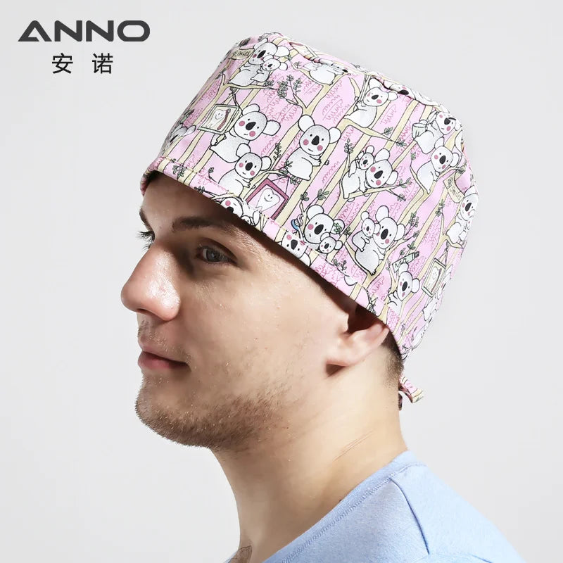 ANNO Disposable Cotton Caps Women Man Hat Clinic Hospital Doctor Nurse Work Hat Bouffant Printing Nursing Cap with Sweatband 01C-B26