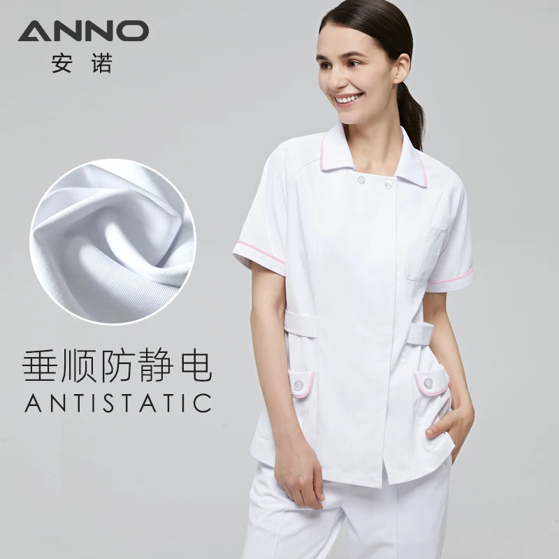 ANNO Pink White Nurse Uniform Set Antibacterial Anti-static Nursing Tunic Slim Fi Caregiver Coveralls Hospital Staff Suits