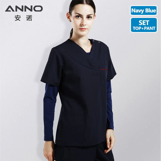 ANNO Scrubs Set Work Wear Hospital Classic Form Foctor Woman Man Nursing Uniform Dental Clothing A10-Set