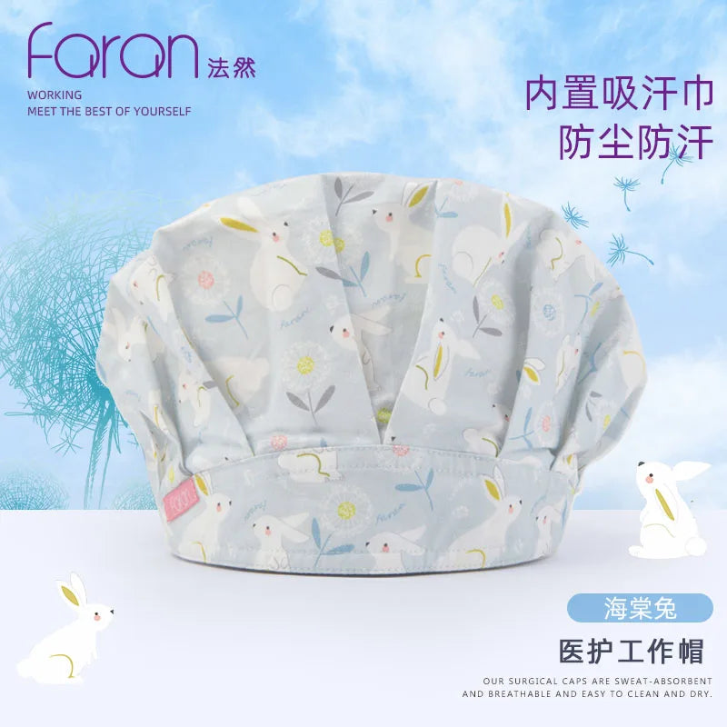 ANNO Cotton Caps Women Hospital Doctor Nurse Work Hats Bouffant Nursing Cap with Sweatband Long Hair Head Wear Chlorine Bleach FRP-01-X042