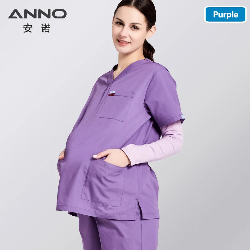 ANNO Maternity Work wear Loose Pregnant Woman Nurse Uniforms Hospital Clothing Female Adjustable Waist Scrubs Set A-23-Set