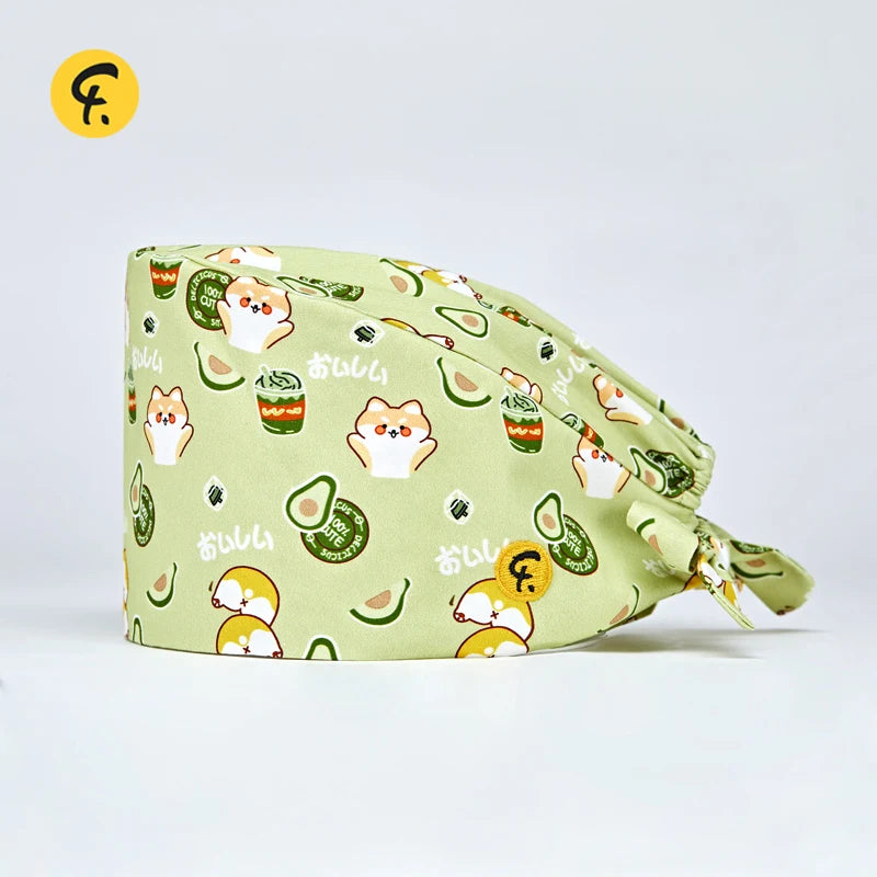 100% Cotton Medical Scrub Caps Women Men Dentist Hospital Doctor Work Surgical Hats Nursing Head Dress Carton Print FRH01-X128
