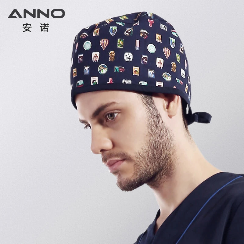 ANNO Disposable Cotton Caps Women Man Hat Clinic Hospital Doctor Nurse Work Hat Bouffant Printing Nursing Cap with Sweatband 01C-B07