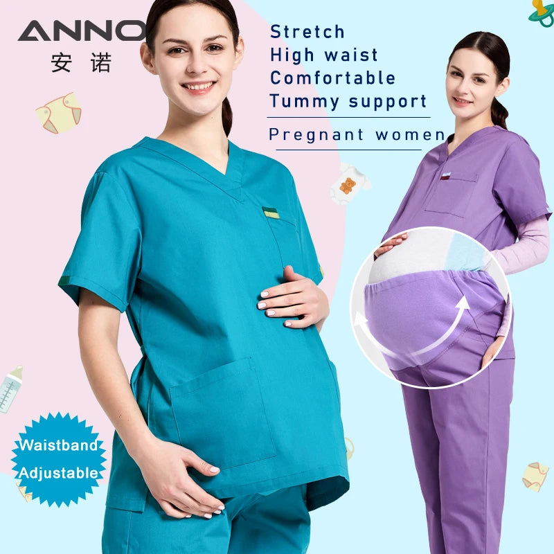 ANNO Maternity Work wear Loose Pregnant Woman Nurse Uniforms Hospital Clothing Female Adjustable Waist Scrubs Set