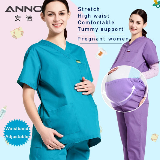 ANNO Maternity Work wear Loose Pregnant Woman Nurse Uniforms Hospital Clothing Female Adjustable Waist Scrubs Set