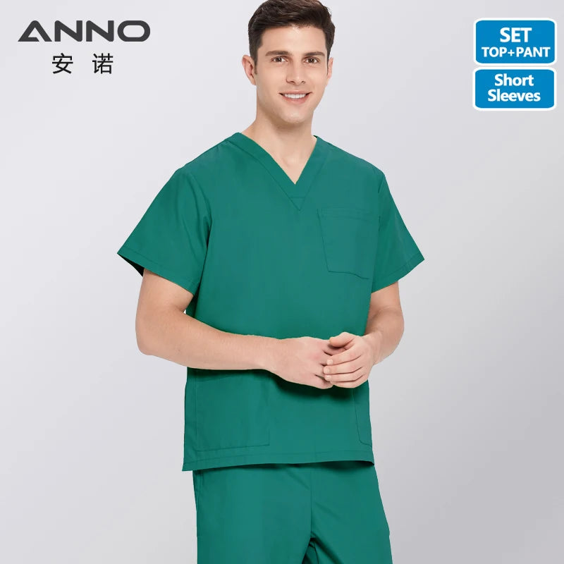 ANNO Solid Color Scrubs Set Work Cloths with Short/Long Sleeves Nursing Uniform Tops Trousers Nurse Suit Hospital Dress 09SS001-MoLv-Set